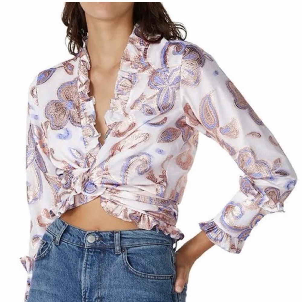 Alexis Marceau Paisley Floral Metallic Wrap Long Sleeve Women’s Crop Top Blouse